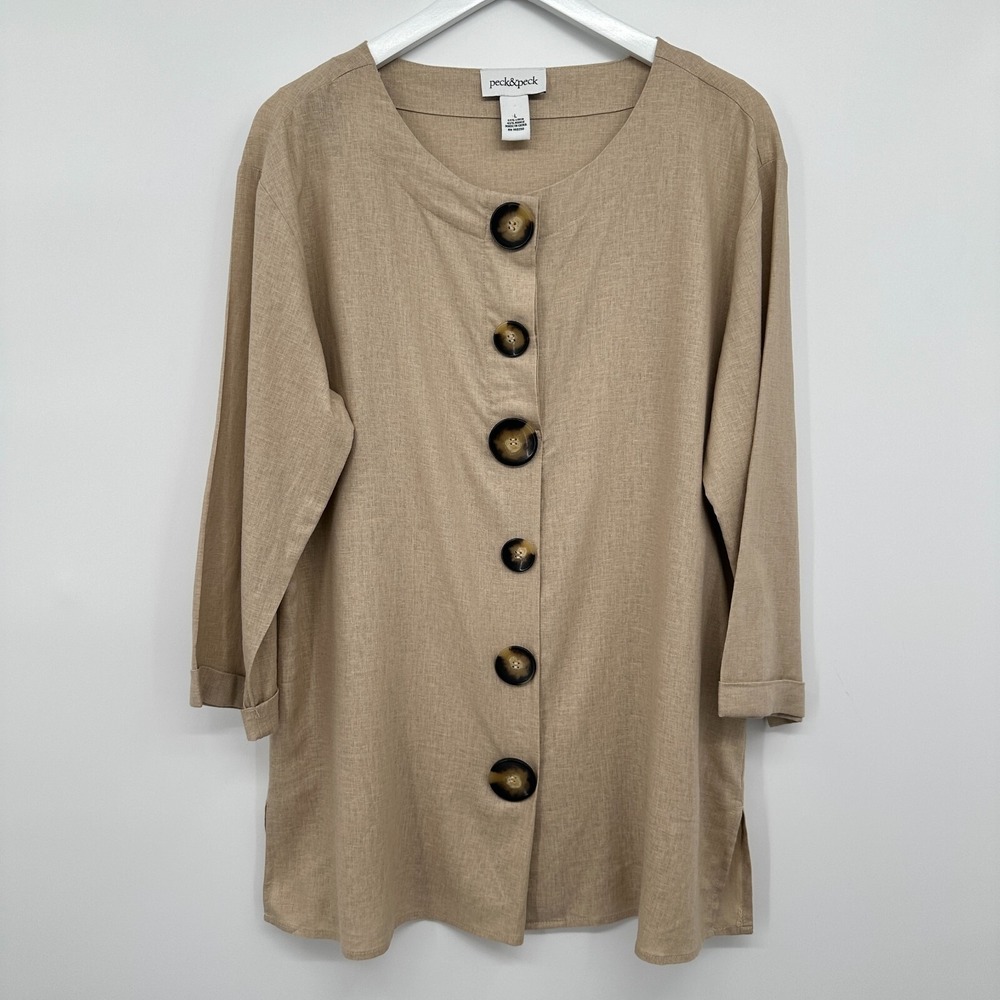 Peck & Peck Tunic Top‎ Shirt Large Linen Blend Lagenlook Neutral Quiet Luxury